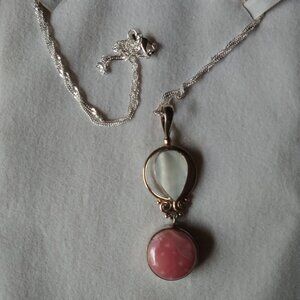 3" Sterling Silver Mother of Pearl and Pink Quartz Pendant Sterling 22" Chain